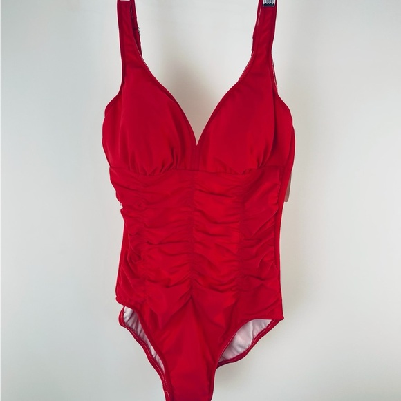 Swim Solutions Shirred Wide Strap One Piece Swimsuit Size 8 Coral Orange - Picture 3 of 8